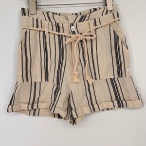 Roxy Womens Linen Blend Striped Shorts Cream Navy Blue Rope Belt XS